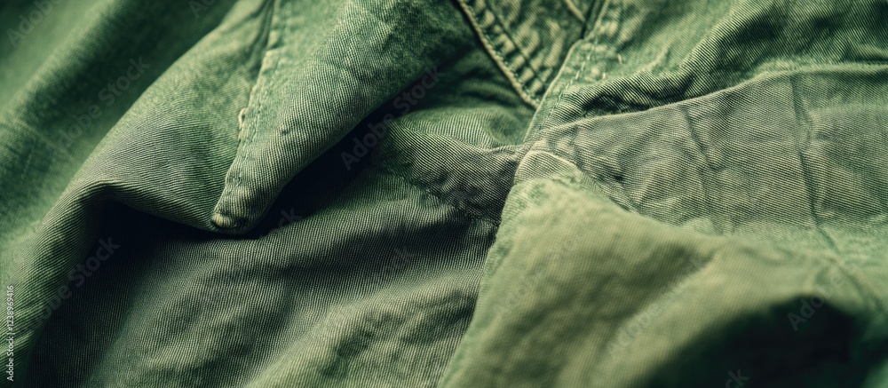 Poster Green textured fabric close-up showing wrinkles and folds with soft lighting suitable for highlighting textile details. Copy Space