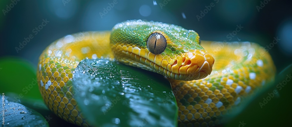 Poster close-up of vibrant green and yellow snake resting on wet leaves with water droplets in a rainforest