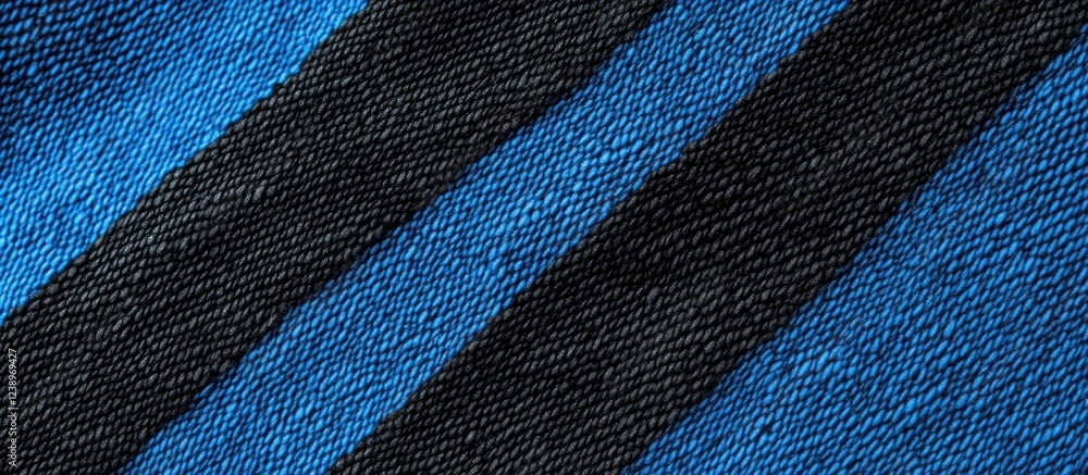 Poster blue and black striped textile pattern close-up with visible fabric texture and details, copy space 