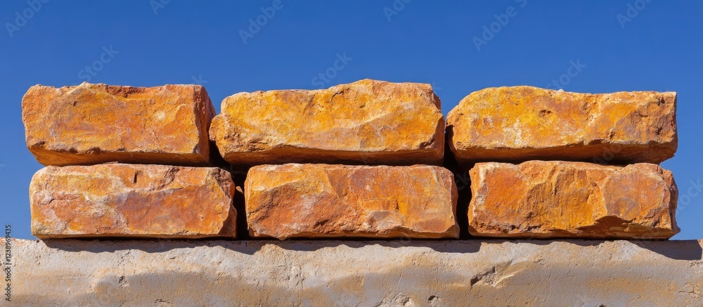 Poster orange rough textured bricks stacked against a blue sky background with space for text. copy space