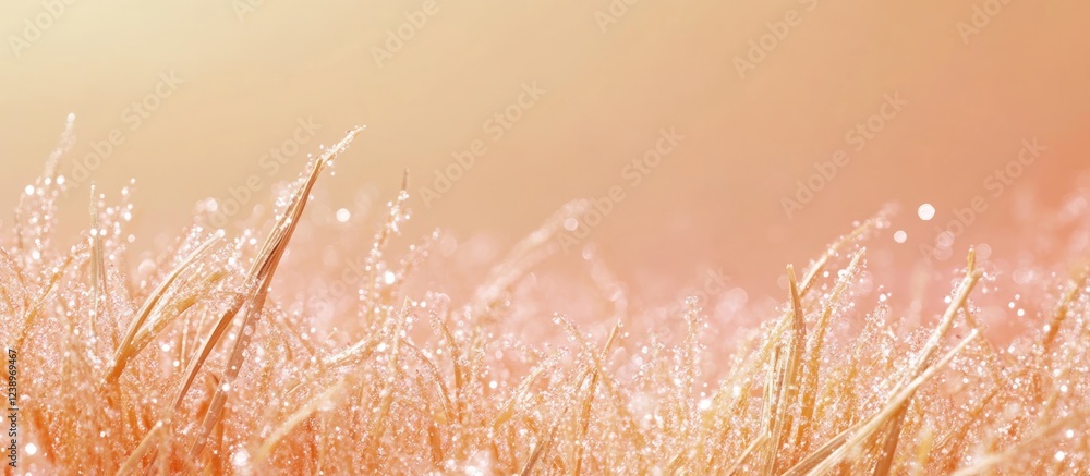 Poster close-up of dewdrops on grass blades with a soft gradient background and sunlight bokeh effect suita