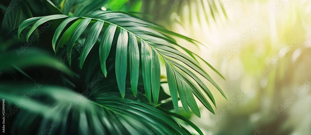 Poster lush green palm leaves with soft sunlight filtering through for background copy space