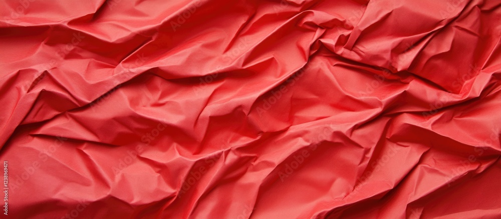Poster wrinkled texture of bright red fabric background with natural folds and creases ideal for design use
