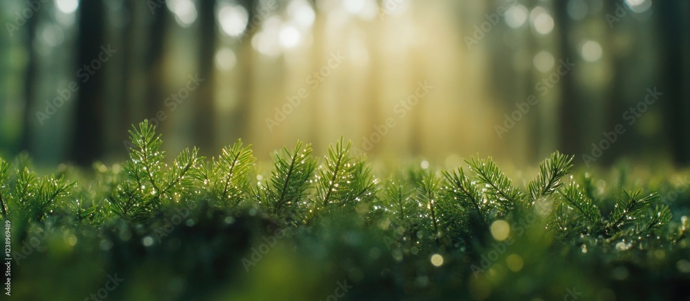 Poster close-up of fresh green moss with dew drops in a sunlit forest background with soft bokeh effect and