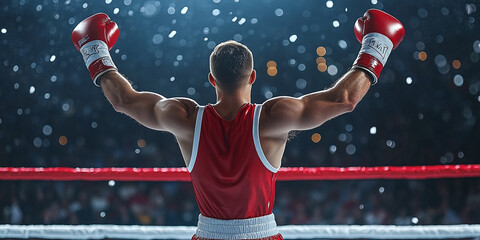  A victorious boxer raises his gloved hands triumphantly in a glowing arena filled with energy, signifying a hard-earned win under dazzling lights.