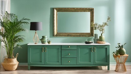 a green cabinet with a mirror above it