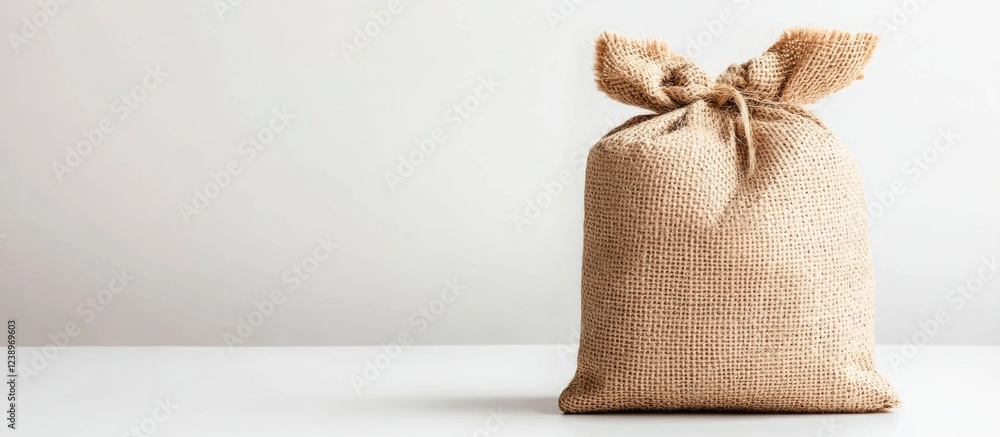 Poster hessian burlap sack on white background with copy space for text placement