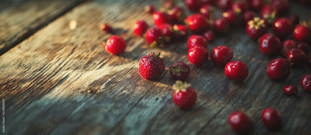 Poster fresh ripe strawberries scattered on rustic wooden table with natural lighting and shadows copy spac