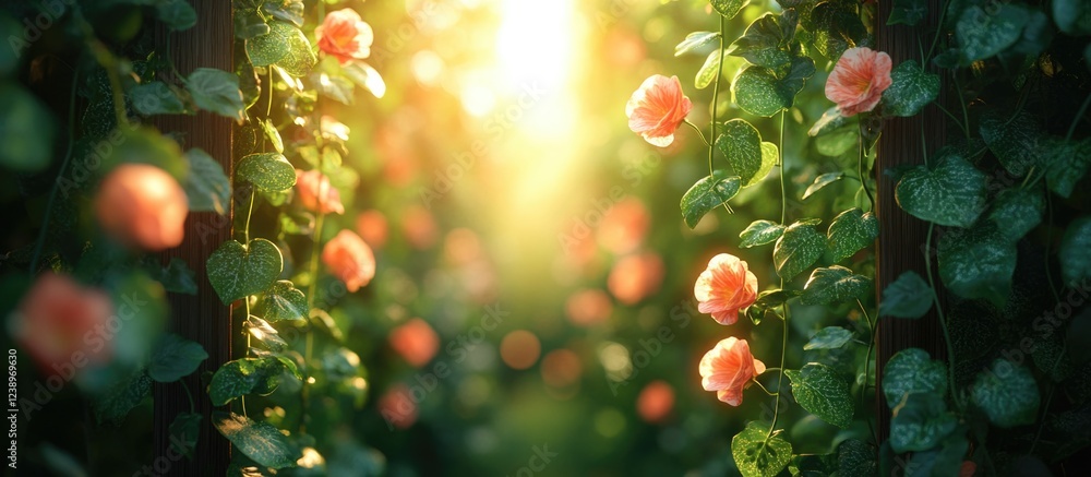 Poster flowering vines with soft pink blossoms illuminated by sunlight creating a serene garden pathway cop