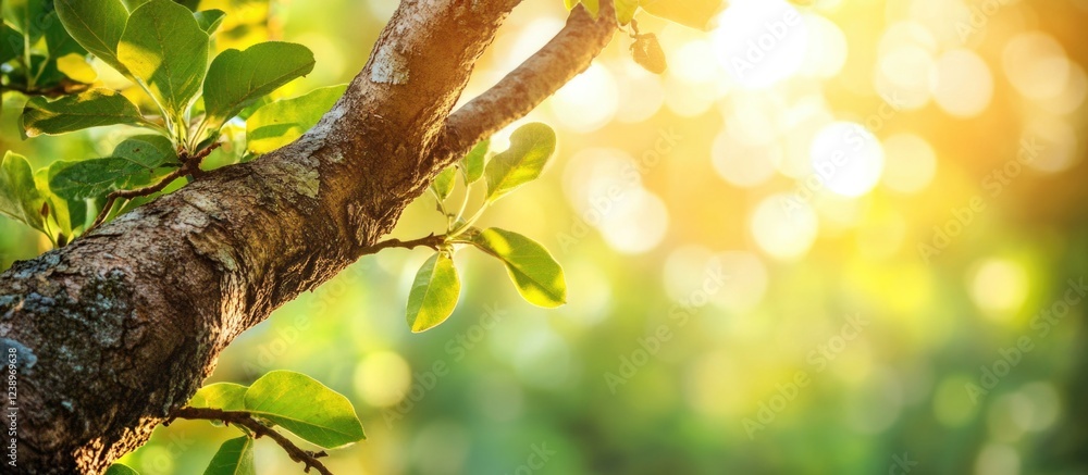 Poster Close-up of tree branch with green leaves in sunlight with bokeh background exhibiting natural light effects and soft focus Copy Space