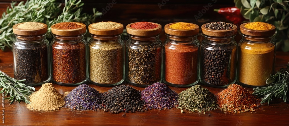 Poster Various jars of colorful spices and herbs arranged in a row with piles of spices in front on a wooden surface with greenery in the background Copy Space