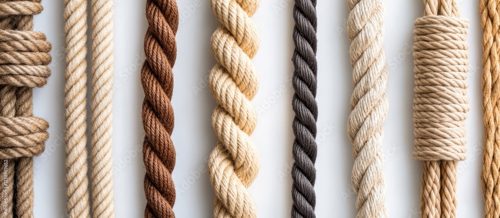 Poster Assorted Twisted Ropes in Various Colors and Textures on White Background with Copy Space