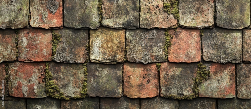 Poster Textured old slate roof tiles with moss and weathering patterns suitable for background or architectural visuals Copy Space