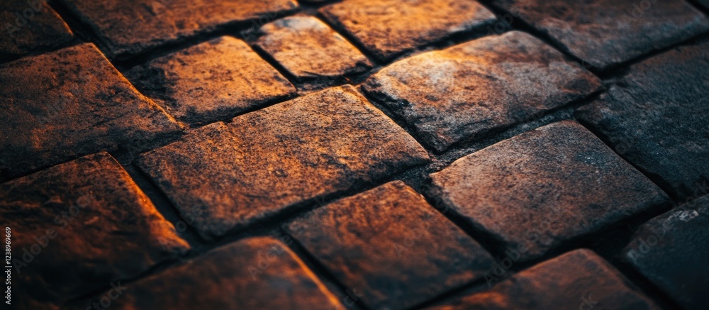 Poster Cobblestone pavement surface in warm light with texture details and shadows, ideal for backgrounds and overlays, Copy Space