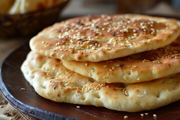 Freshly baked traditional flatbread topped with sesame seeds, showcasing its texture and golden brown color