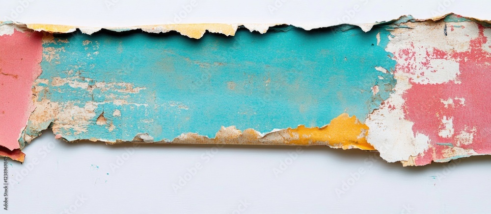 Poster Peeling paint in vibrant colors on textured surface with copy space for text overlay