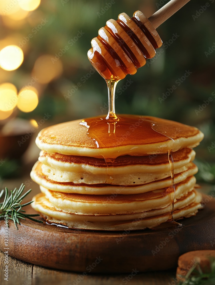 Poster stack of pancakes with honey being poured using a wooden dipper on a rustic wooden table