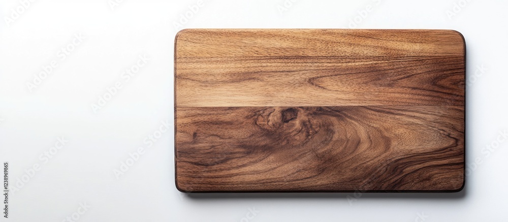 Poster wooden cutting board with natural grain texture on white background with ample copy space for text p