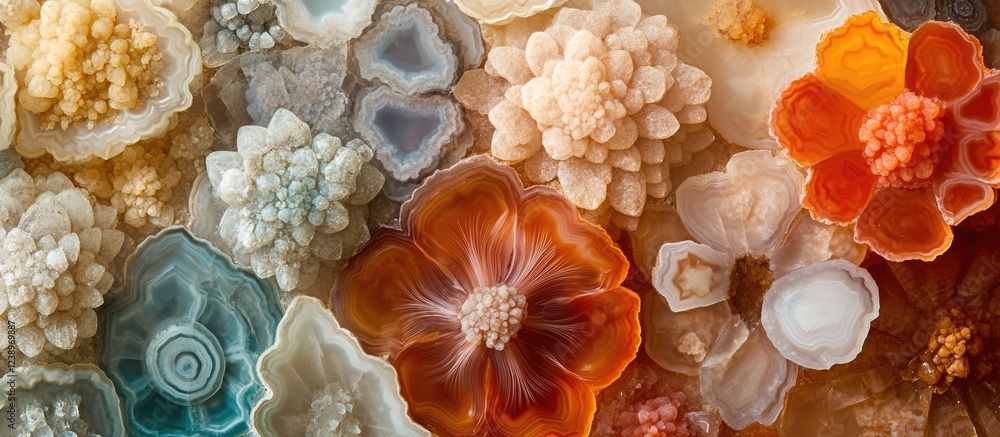 Poster colorful mineral formations resembling flowers in various shapes and textures on a natural backgroun