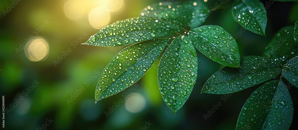Poster fresh green leaves with dew and soft sunlight background showing droplets, nature close-up with boke