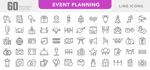 Event Planning line icon set. Containing date, schedule, management, catering, registration, wedding, coordination, invitation, birthday cake, buffet line icon set. UI thin line icon pack.