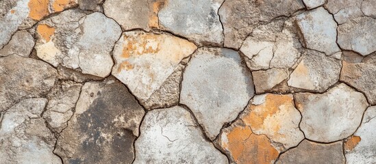 Obraz premium Cracked textured surface of a weathered stone wall with hints of orange and gray hues seen from a close-up perspective Copy Space
