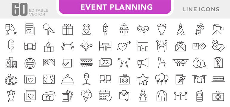 Event Planning line icon set. Containing date, schedule, management, catering, registration, wedding, coordination, invitation, birthday cake, buffet line icon set. UI thin line icon pack. - Powered by Adobe