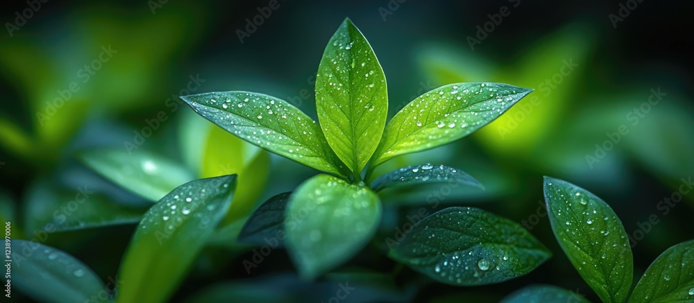 Poster close-up of vibrant green leaves with water droplets, natural background with soft focus and copy sp
