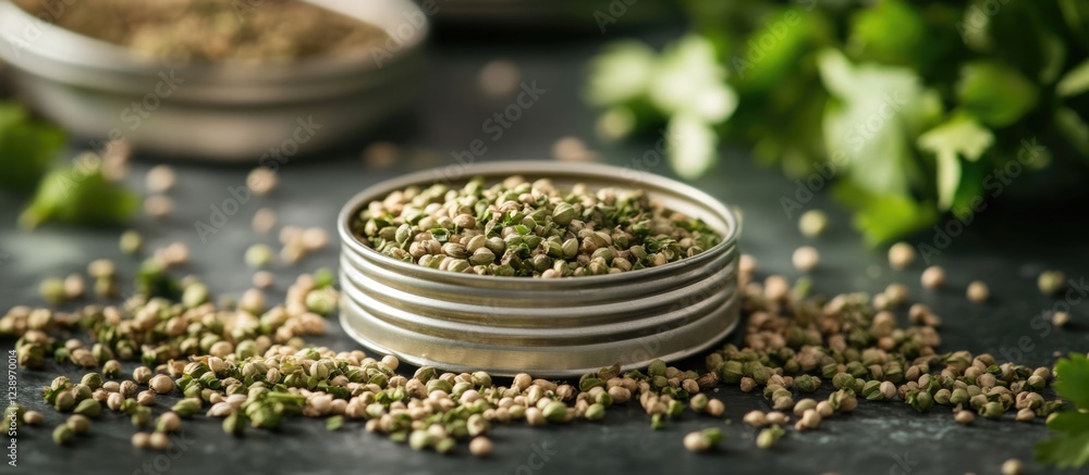 Poster coriander seeds in a metal container with scattered seeds and fresh cilantro leaves on a dark backgr