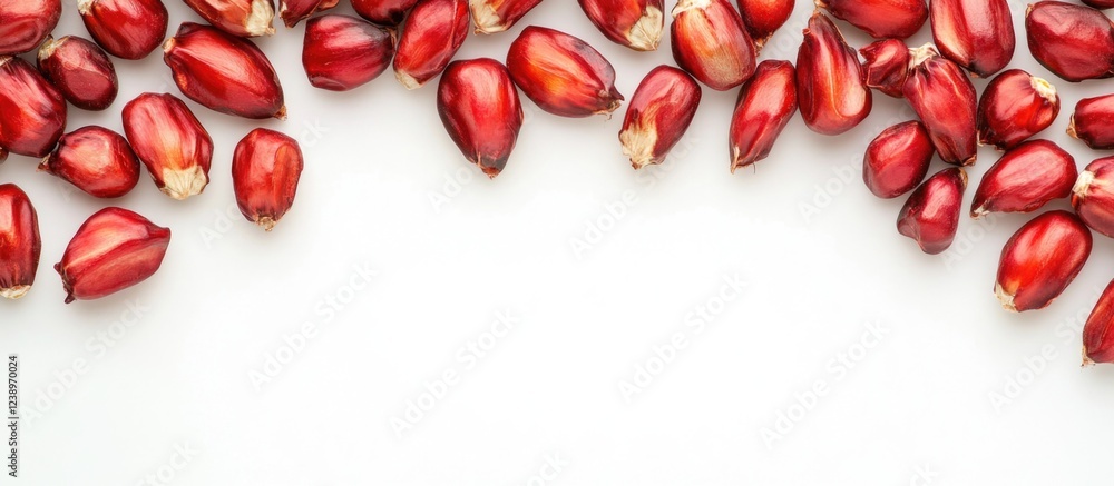 Poster red corn seeds arranged on a white background with ample copy space for text placement