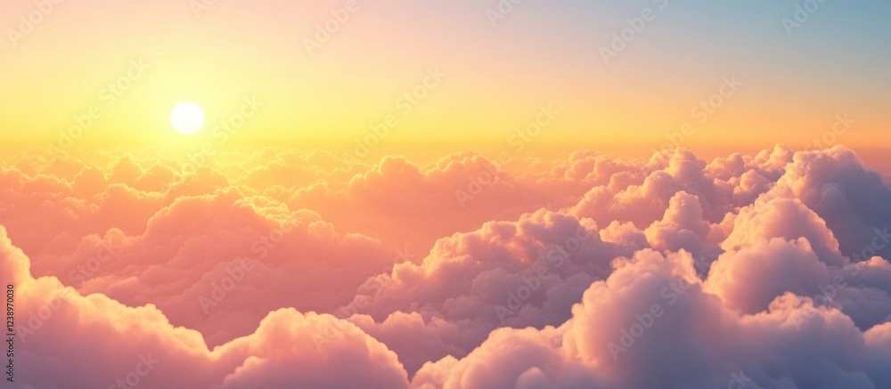 Poster sunrise over fluffy clouds in pastel colors creating a tranquil sky landscape with copy space for te