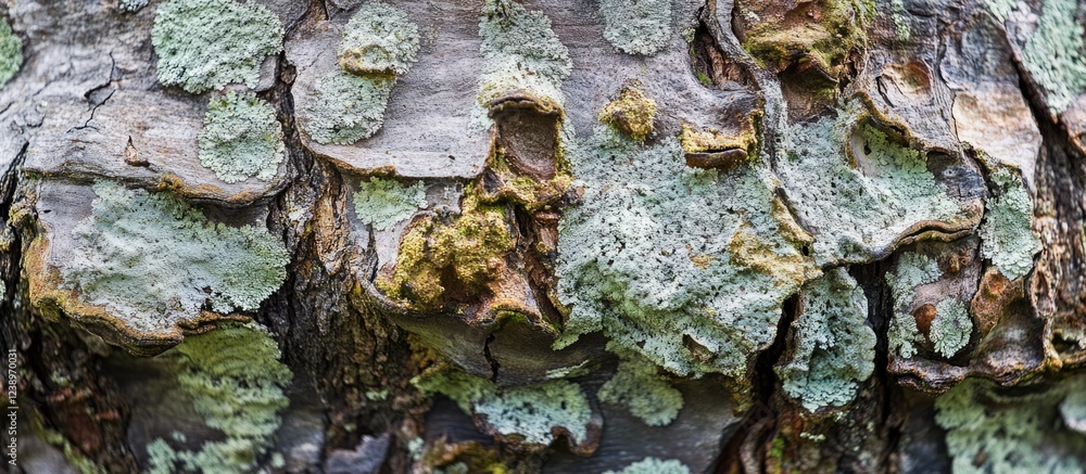 Aufkleber Close-up of textured tree bark with colorful lichen growths and organic patterns natural background Copy Space