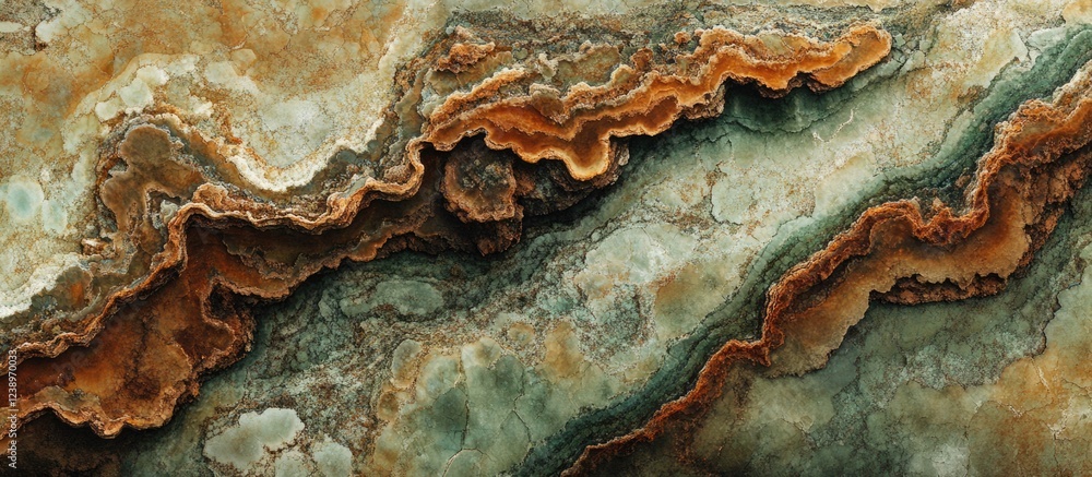 Poster abstract close-up of a layered rock formation featuring rich green, brown, and orange hues with intr
