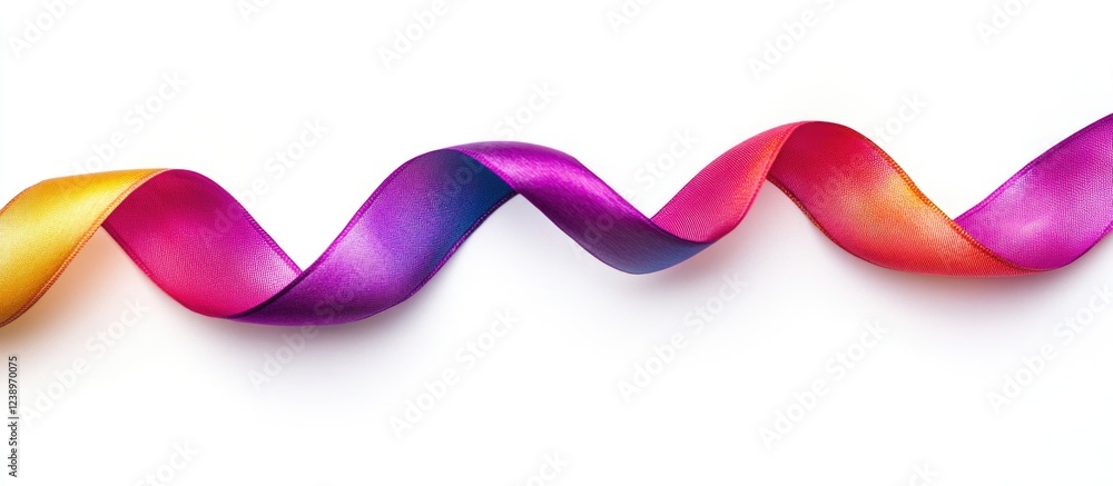 Poster multicolored satin ribbon twisted in a wave pattern on a white background with ample copy space