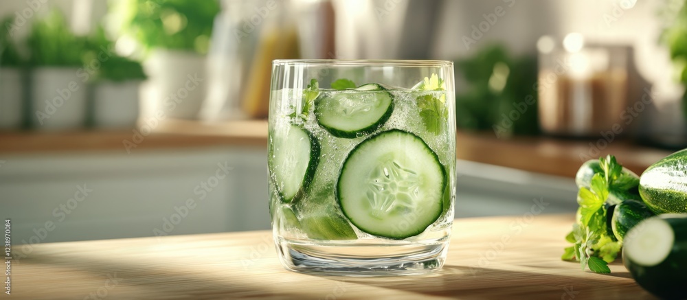 Poster refreshing cucumber drink in a glass with ice and mint leaves on a kitchen countertop with vegetable