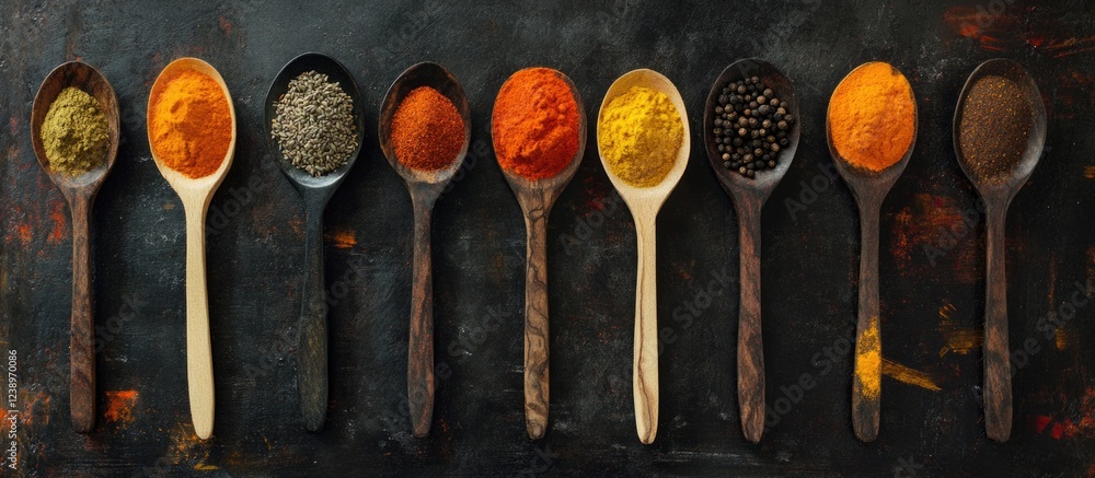 Poster assorted spices in wooden spoons arranged on a dark surface showcasing various colors and textures c
