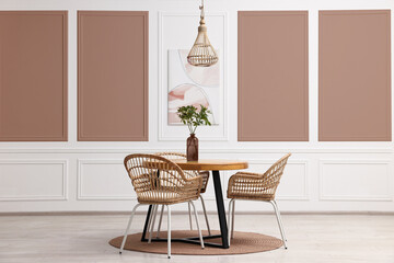 Cozy room interior in mocha mousse shade. Trendy color of 2025 year
