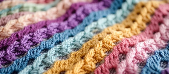 Colorful knitted fabric texture with varying stitch patterns and pastel hues providing a warm and cozy aesthetic with Copy Space