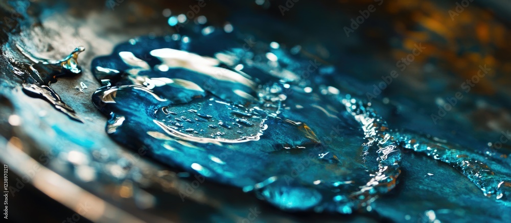 Poster water droplets on a metallic surface with reflections and intricate details demonstrating fluid dyna