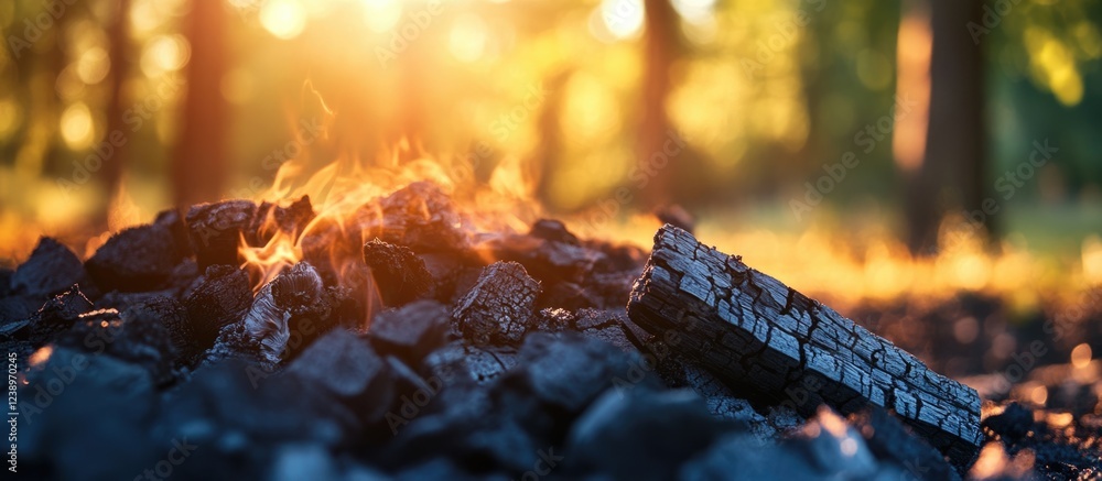 Poster burning embers and charcoal in a forest setting with sunlight filtering through trees in the backgro