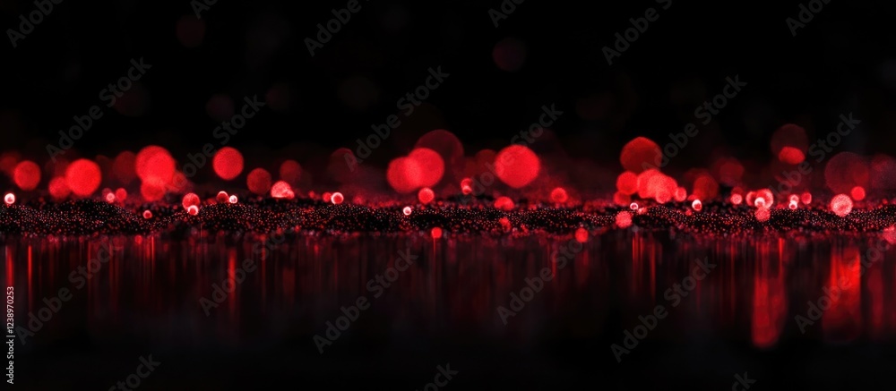 Poster Red bokeh lights with reflective surface on dark background creating a shimmering abstract effect Copy Space