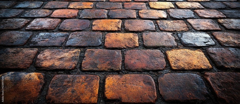 Poster textured cobblestone pavement with warm earth tones, rectangular stones laid in a pattern, suitable 