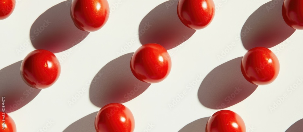 Poster red glossy spheres arranged in a pattern with soft shadows on a white background copy space
