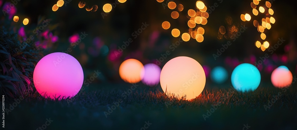 Poster illuminated decorative spheres in various colors placed on garden grass with blurred fairy lights in