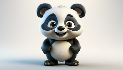 Naklejka premium cheerful 3d cartoon panda bear standing with friendly smile white background highlighting playful character