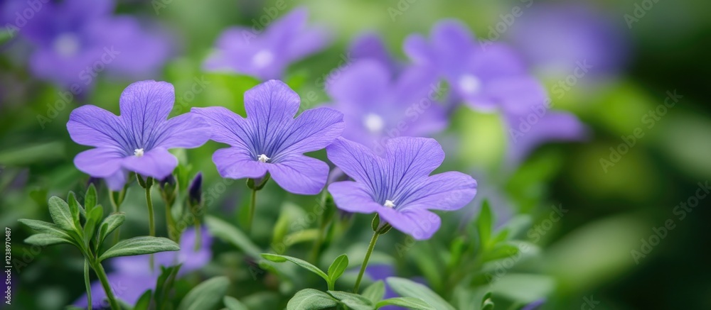 Poster violet flowers in soft focus with green foliage background featuring ample copy space for text place