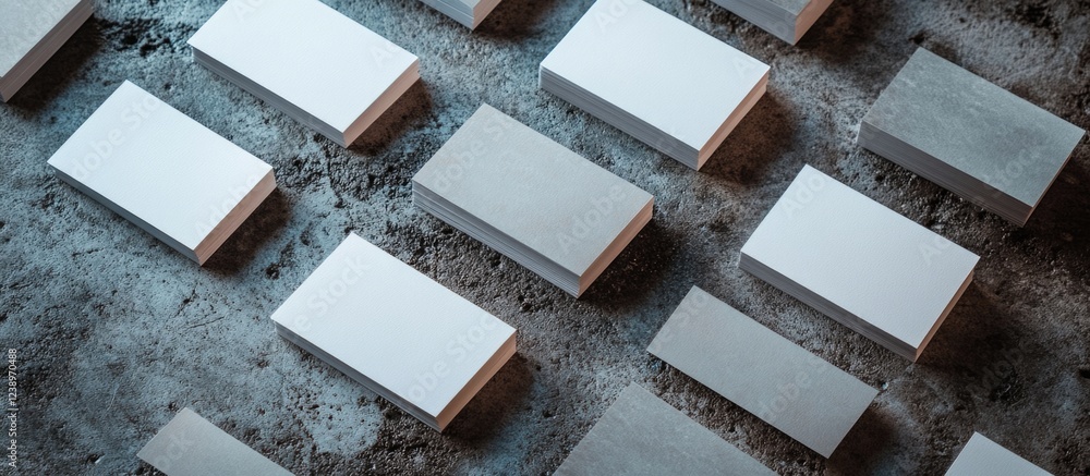 Poster Modern blank business cards arranged on a textured concrete surface with copy space for branding or design placement.