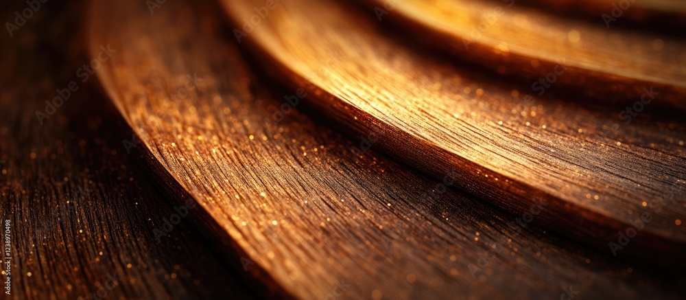 Poster close-up view of textured wooden surface with warm tones and highlights, featuring layered curved sh