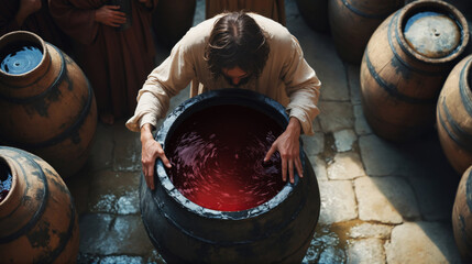 Jesus’ First Miracle – Turning Water into Wine at the Wedding in Cana. Bible. New Testament.