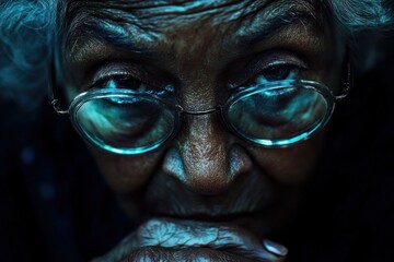 Elderly woman with glasses displays wisdom and reflection as she rests her chin on her hands, surrounded by a cozy, dim environment